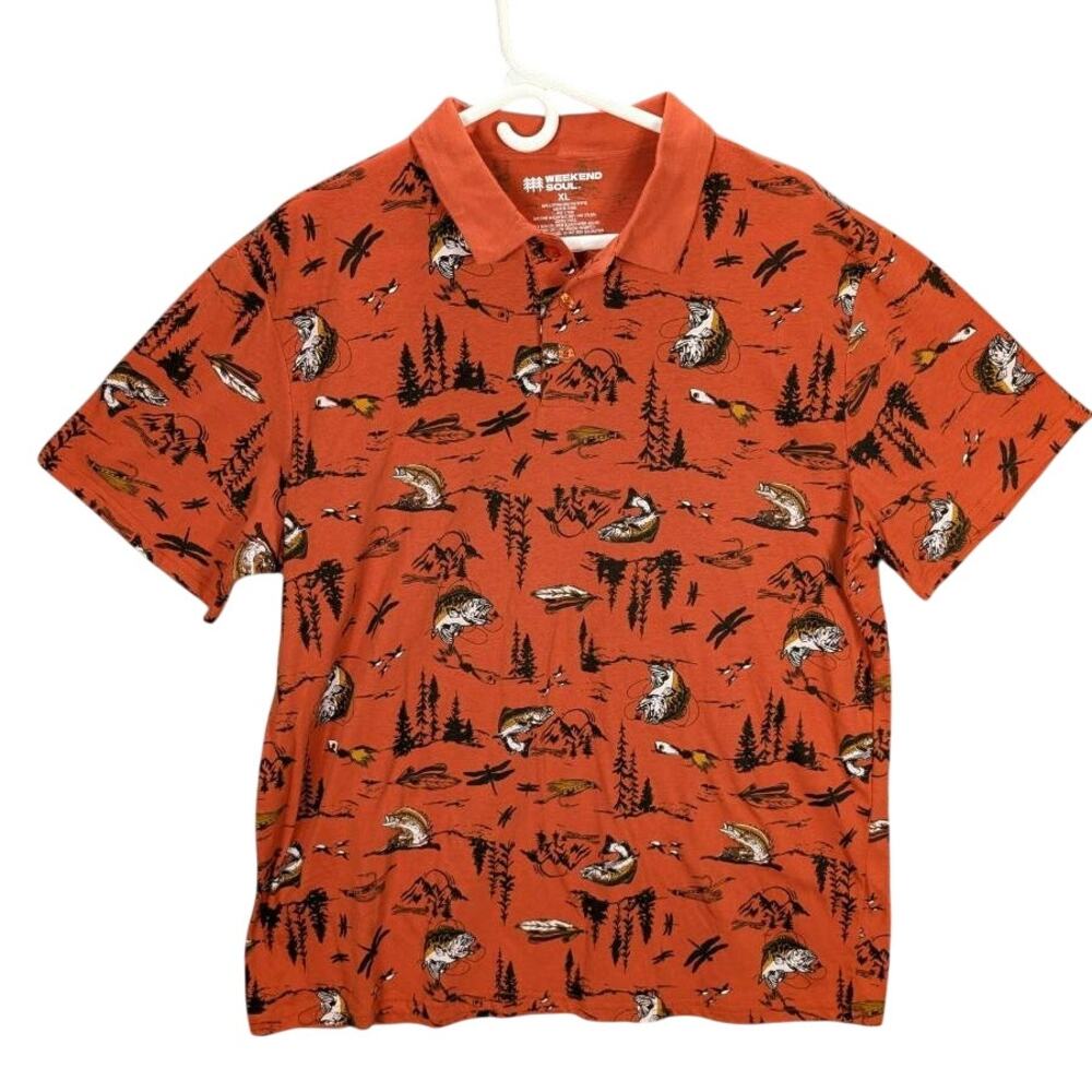 Weekend Soul Polo Shirt Mens XL Orange Bass Fishing Short Sleeve Preppy Outdoors